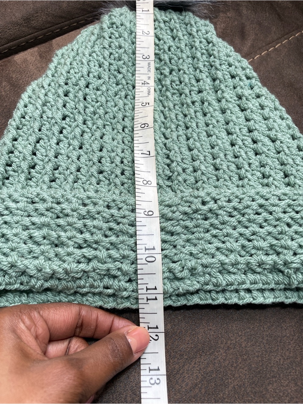 Handmade Wool Sage Green Chunky Crochet Knit Beanie Gray Faux Fur Pom Pom NWOT - Picture 5 of 6